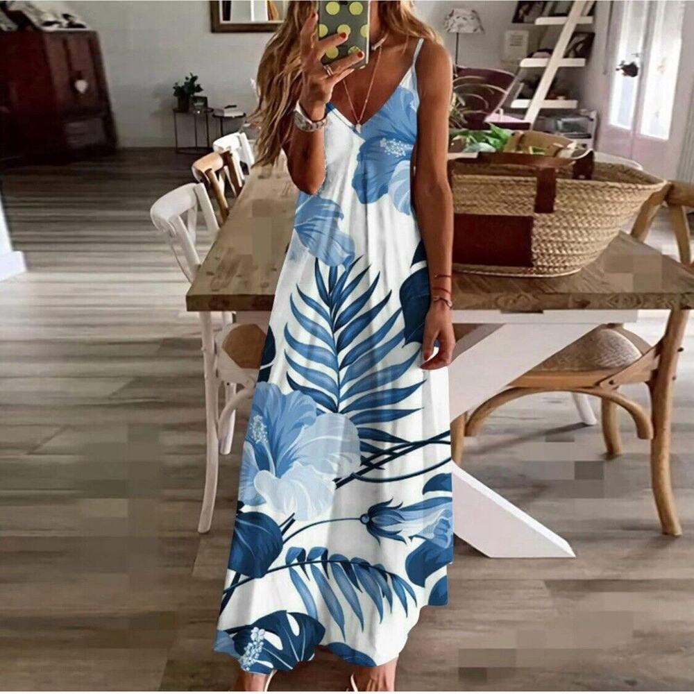 Spaghetti Maxi Dress Floral leaf Print Women’s XL  flowy